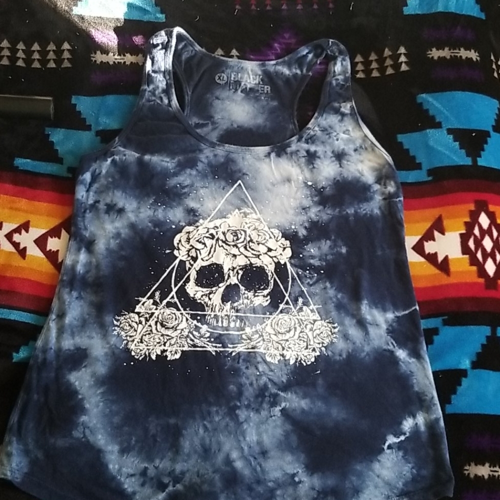dolls kill Blue and white tie-dye skull tank top